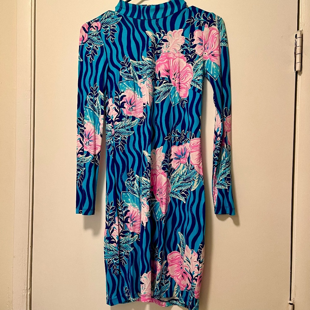 Lilly Pulitzer dress -- blue striped, long sleeved, small neck, gold zip in back